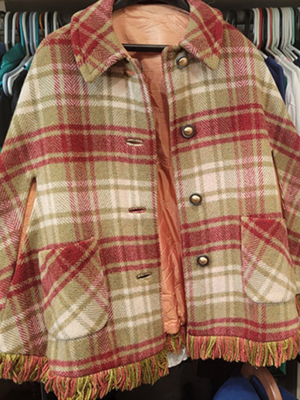 1960's Plaid cape, red, green, beige
